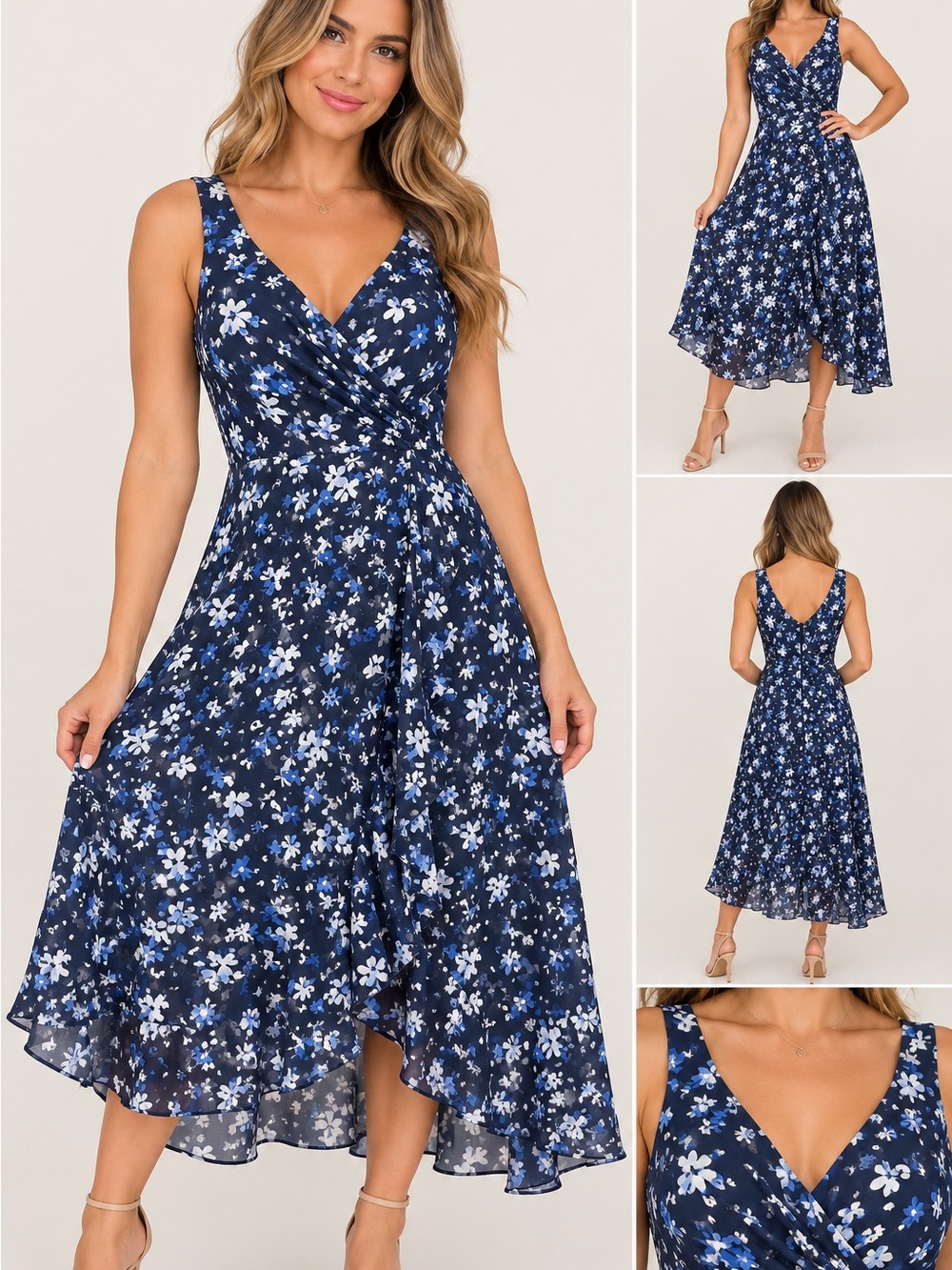 DKNY Navy Blue Floral High-Low Midi Dress